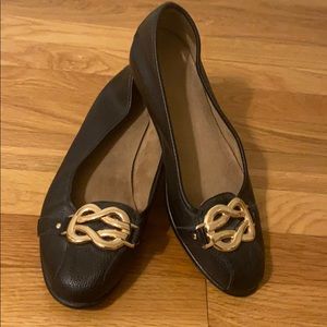 Aerosoles black and gold embellished loafers.